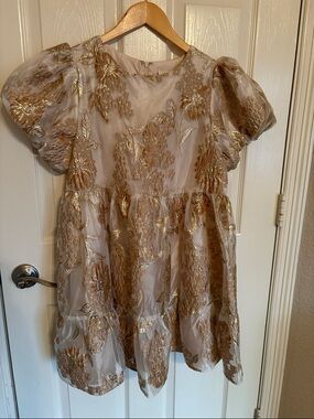 Promesa Sheer Lined Puff Sleeve Floral Party Dress in Champagne Gold